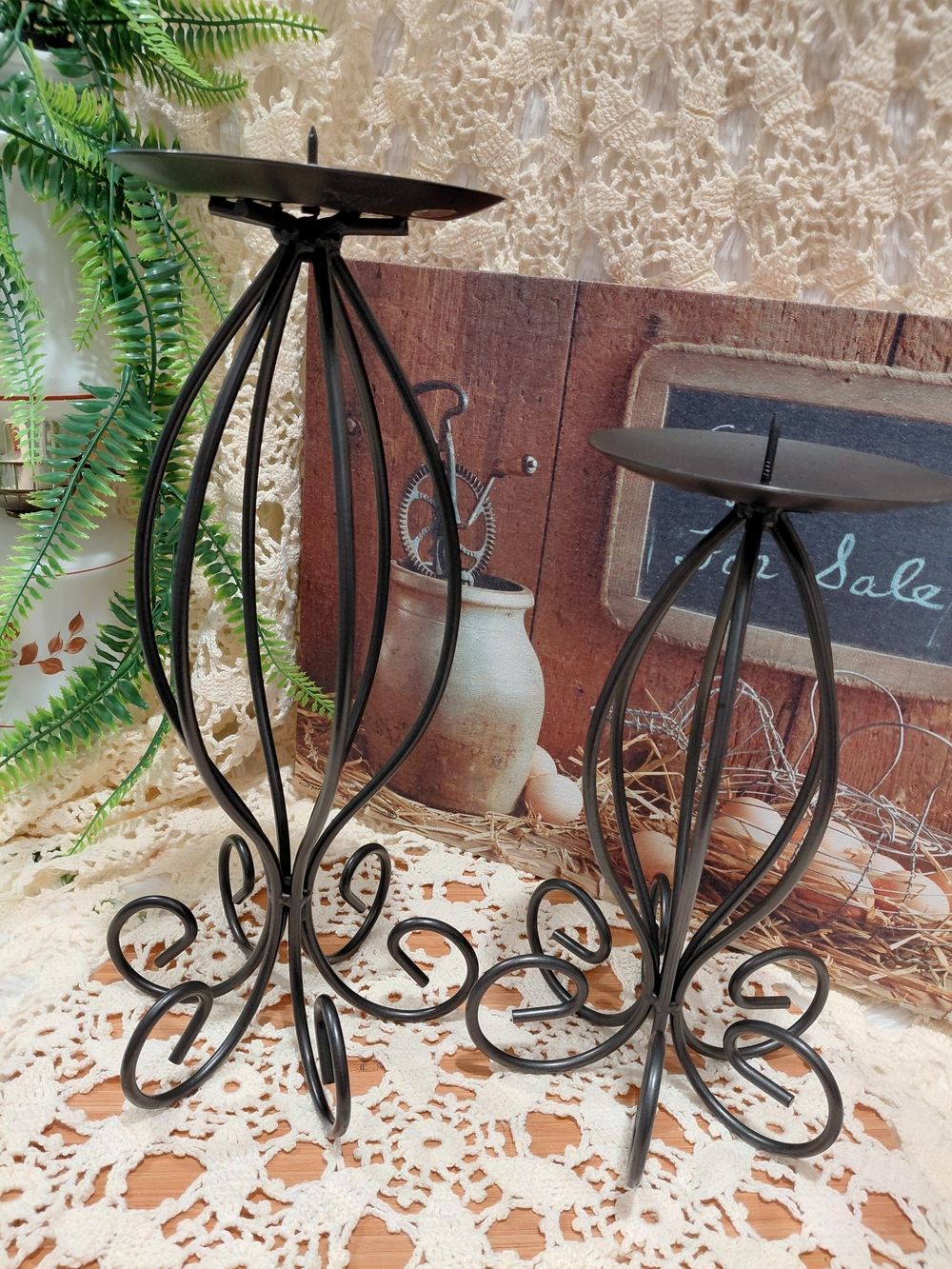 Handcrafted Black Metal Scroll Candle Holders Set - Elegant Pair